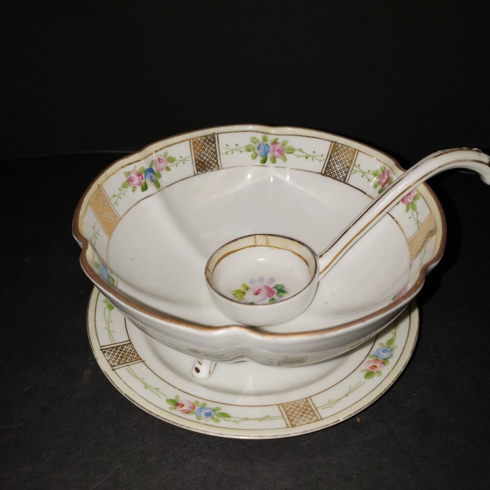 Vintage Nippon Mayonnaise Condiment 3 Pc Set Bowl. Under Plate & Ladle Excellent